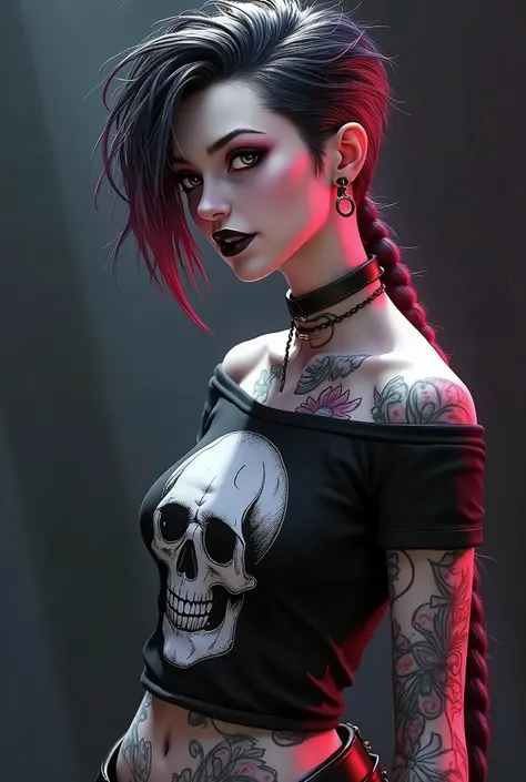 Jinx，goth girl,   Wearing an off-the-shoulder t-shirt , skull print , Broken Pants , Black lipstick, Bright lips,  crazy smile , Smoky Eyes, puncture, ear puncture, (Shiny hair ,  dark hair, Red Hair,  messy hair ,  Short hair and long sides , Hair Color: ...