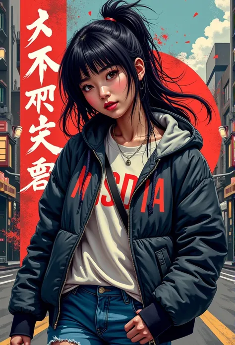 1 girl, japanese, design a bold, iconic logo for a street fashion brand that captures the essence of urban style and edgy aesthe...