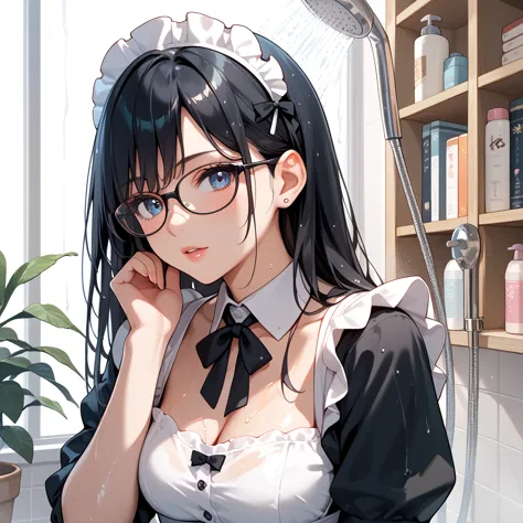 black hair,  long hair,glasses,  maid clothes,used bookstore,shower,sheltering from the rain,