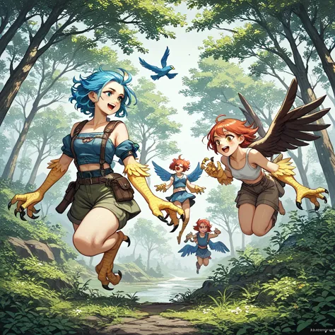 3girls, 3 harpy girls , 3 girls,  3 flying in a forest.