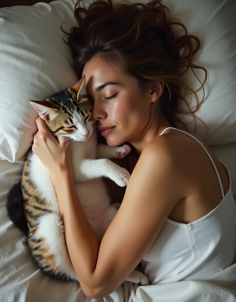  single woman living with cats of various colors 、 sleeping in bed with cat 、 woman sleeping stuck to cat to the point where she can't roll over、 cat seems warm and comfortable 、Woman sleeping cramped 、 shot with composition looking down from above 。