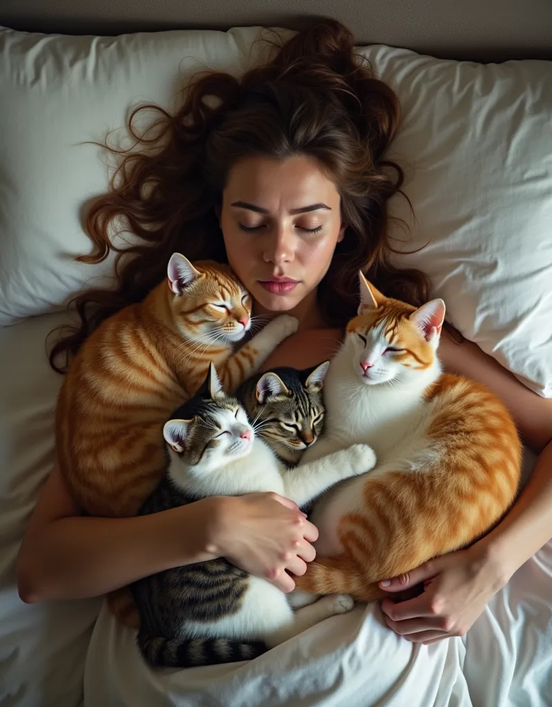 A woman sleeping in bed with many colorful cats, the cats cuddled up to her unable to move, the cats look cozy and comfortable while the woman looks slightly uncomfortable, shot from above looking down on the scene