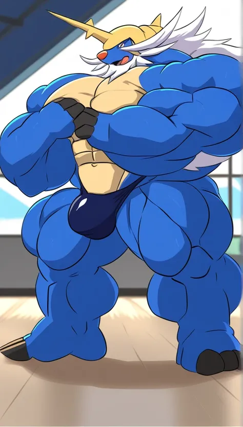 Huge massive bodybuilder Bara Samurott bodybuilder with anthropomorphic blue thong,  The samurott is male and is full of hair ,  The samurott is a bodybuilder with exaggerated muscles and gigante pezones, Endomorphic gay samurott , He is very muscular,  sa...