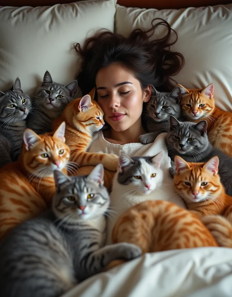 a woman sleeping with many colorful cats in bed, cats cuddling and snuggling up to her, woman trapped under the cats, cats look cozy and comfortable, woman looks cramped in bed, overhead shot, (best quality,4k,8k,highres,masterpiece:1.2),ultra-detailed,(realistic,photorealistic,photo-realistic:1.37),HDR,UHD,studio lighting,ultra-fine painting,sharp focus,physically-based rendering,extreme detail description,professional,vivid colors,bokeh,portrait,cute,cozy,intimate,whimsical,soft lighting,warm colors,pastel colors