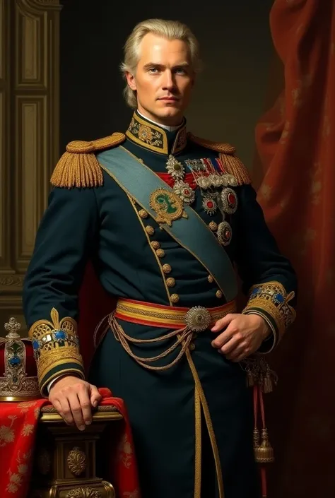 militarybking charles xii of sweden in his 30s must be like early 1700s attire and blonde hair wearing swedish military uniform with his crown beside him