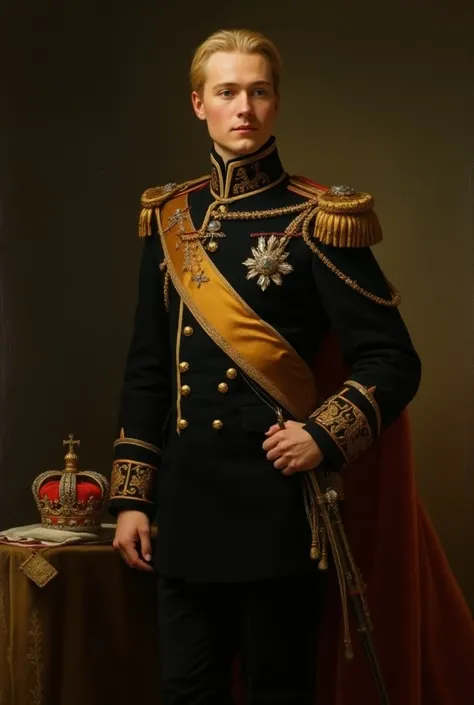 militarybking charles xii of sweden in his 20 year old  must be like early 1700s attire and blonde hair wearing swedish military uniform with his crown beside him make him wear golden sash