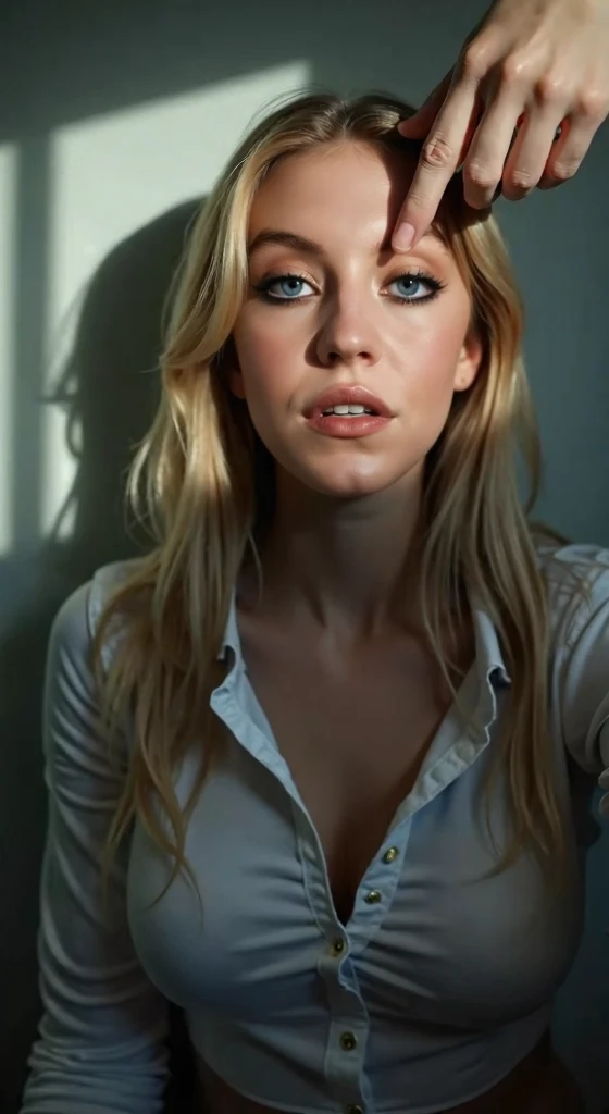 Very beautiful young blonde woman , of blue eyes, with a lot of bust,  dressed in a white shirt tight around her bust , standing staring intently at a finger that approaches his forehead and mouth very open and relaxed, in a well-lit place