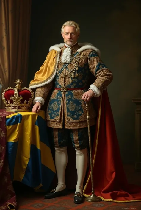 king Adolf Frederick of sweden in his 50 year old  must be like 1750s  attire and blonde hair wearing swedish royal robes with his crown beside him make him wear swedish flag clorwd sash