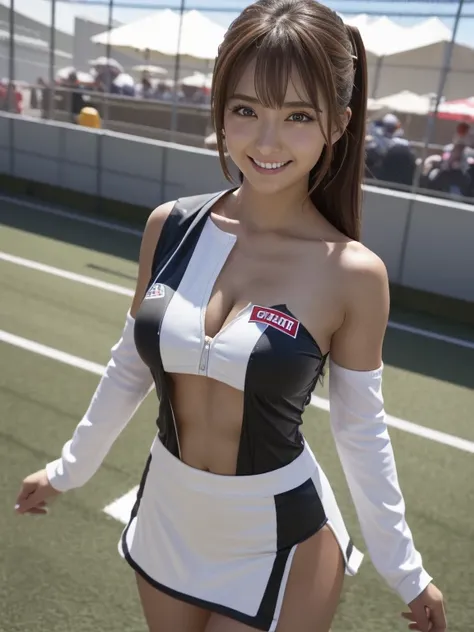 ((( one shoulder grid girl costume))),((( her chest is visible ))),(((Miniskirt lift))),(((Expose your inner thighs))),(((Formula One Car Unveiled))),Urzan-6500-V1.1, (RAW photo:1.2), (Realistic:1.4),  A beautiful girl with great attention to detail, 非常に D...