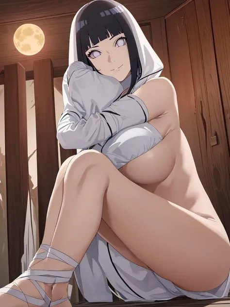  masterpiece , high resolution, busty hinata," anime-style illustration ,  of a young woman with long, dark hair , bright black ,  and luminous violet eyes .  Her expression is friendly and attractive ,  with a slight smile and direct look .  The woman wea...