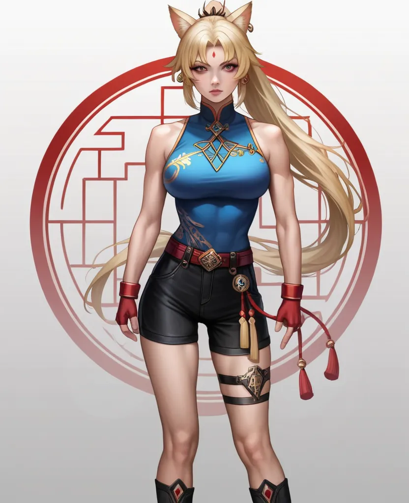 a beautiful anime girl, detailed face, blonde hair, bluesolo,1woman,view from front,  sh_hsr_feixiao,25 yo extremely muscular wo...