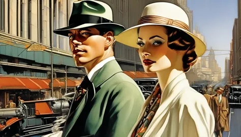 painting of a woman and man walking down the street wearing hats and scarves、by brian bolland、jc leyendecker 8k、by otto schmidt、...