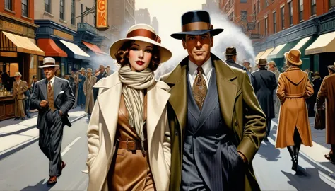 painting of a woman and man walking down the street wearing hats and scarves、by brian bolland、jc leyendecker 8k、by otto schmidt、...