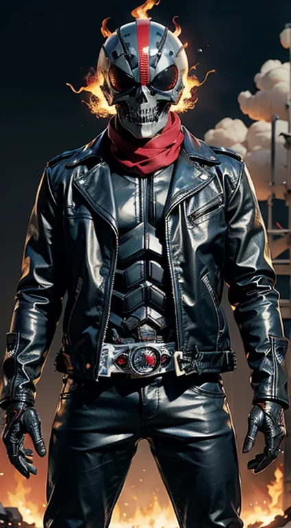 ((solo, kamen rider, shinkr, ghostrider, wearing leather jacket, leather pants, head painted like a skull skeleton)), (((burning...