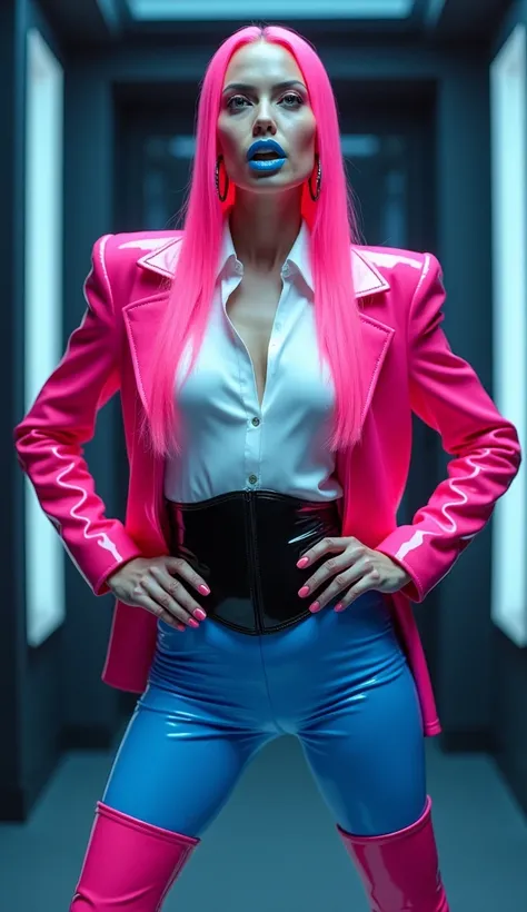 Angelina jolie, mains sur les hanches, latex brillant, , dominatrice, chemisier en latex blanc latex, serre taille latex noir, costume pantalon en latex bleu, ceinture latex noir, futuriste veste courte en latex rose fluo, larges épaulettes en latex rose f...