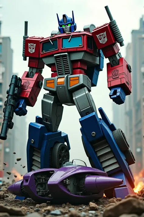 A dead regenesis shockwave transformer is lying on the city ground and an jetpower optimus prime is standing with one foot on top of the regenesis shockwave.jetpower optimus prime transformer size bigger then regenesis shockwave. 
