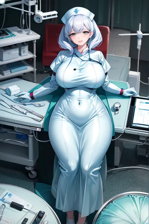 nurse uniform,hospital, latex nurse suit,nurses,busty,elbow gloves,labcoat,white hair woman,white eyes , gigantic ,medical instr...