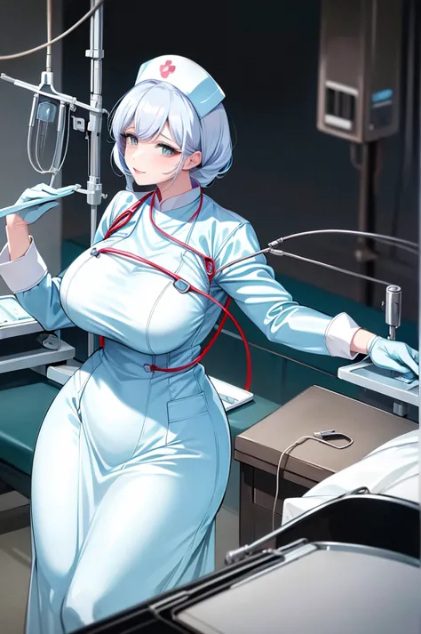 nurse uniform,hospital, latex nurse suit,nurses,busty,elbow gloves,labcoat,white hair woman,white eyes , gigantic ,medical instr...