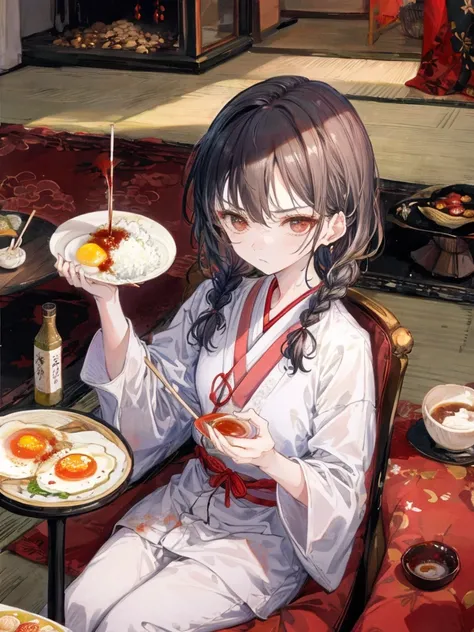 ((Best Quality)), ((masterpiece)), ( Details),Japanese breakfast scene in the living room , woman pouring sauce on rice topped with fried egg, coffee table,sit, side braids with long hair ,Silver Hair,pajamas,Frown, holding 2 chopsticks , Soy sauce bottle 