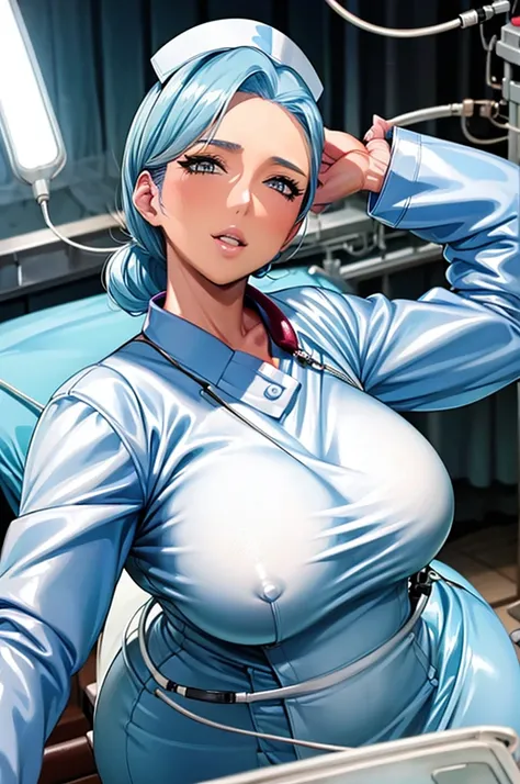 nurse uniform,hospital, latex nurse suit,nurses,busty,elbow gloves,labcoat,white hair woman,white eyes , gigantic ,medical instruments,asian nurse,two nurses,speculum,examination room,oversize ,big ass ,strap on, lay on table ,legs spreaded,giving birth,gy...