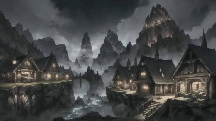 skyrim ,fantasy, skyrim game ,magical world ,skyrim styled village at night , landscape