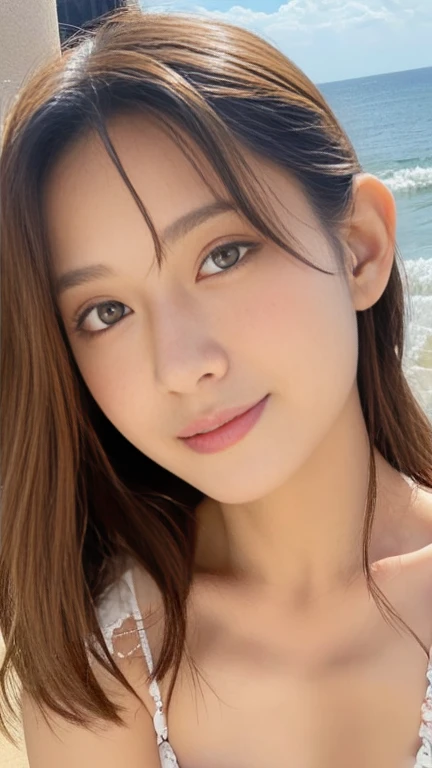 masterpiece、1. Beautiful Japan、so beautiful、Beautiful Skin、((Depiction from the waist up:1.3))、(Surreal)、(High resolution)、(8k)、(Very detailed)、(Beautiful and beautiful eyes)、(Very detailed)、smile、Big eyes、Brown eyes、Long eyelashes、Bright lighting、Professi...