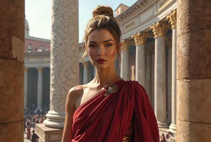 Patrician woman in rich red stola with golden fibulae, standing beside massive column of Trajan, intricate spiral relief behind, matching marble colonnade, forum marketplace busy with people, morning light catching gilt bronze statues, architectural detail...