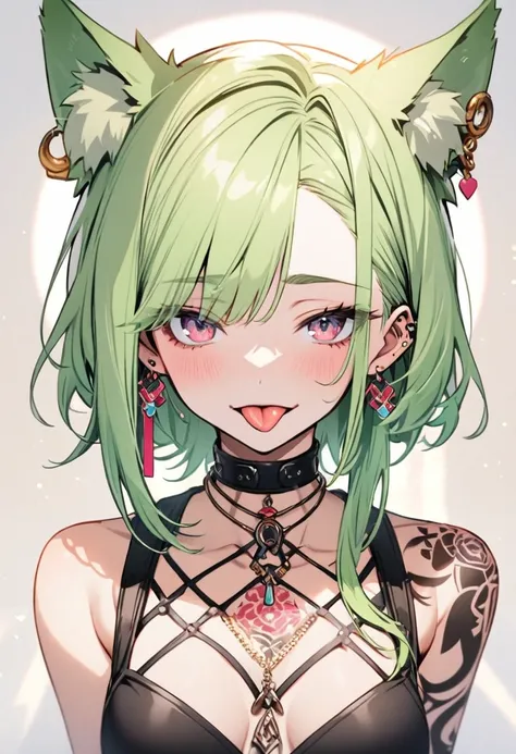 light green hair, tongue，gal， earrings for a woman alone，pink,  animal ears , tattoo