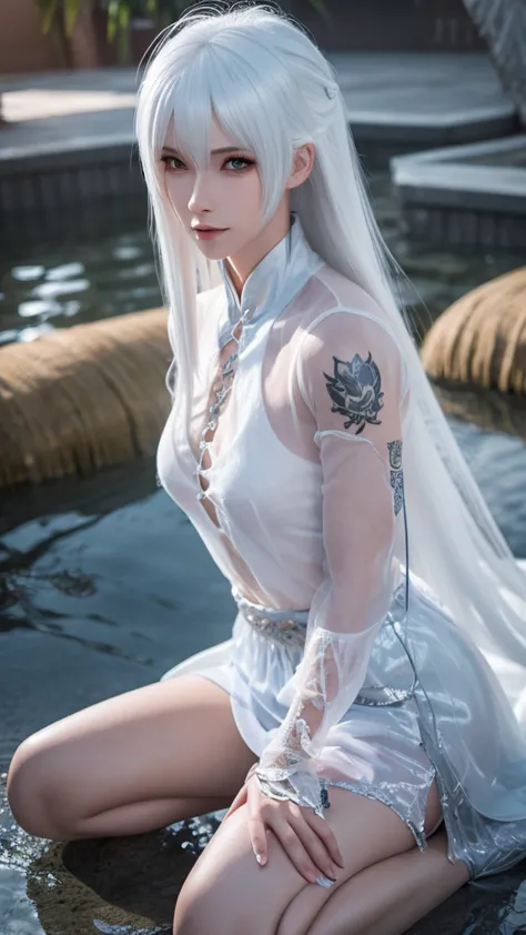 a close up of a woman with a tattoo on her arm, tifa lockhart with white hair, detailed white long hair, silver hair, girl with ...