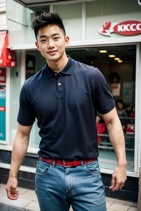 ((realistic daylight)) , young korean man in only a polo shirt, no stripes, and jeans., a handsome, muscular young asian man loo...