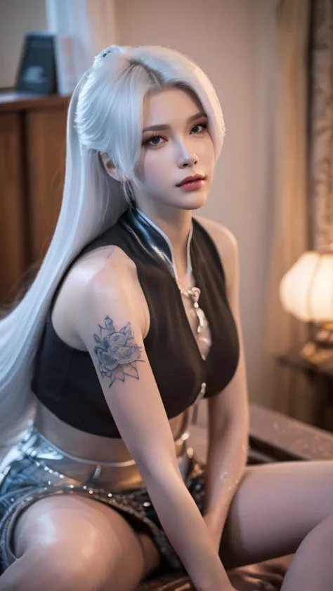 a close up of a woman with a tattoo on her arm, tifa lockhart with white hair, detailed white long hair, silver hair, girl with ...