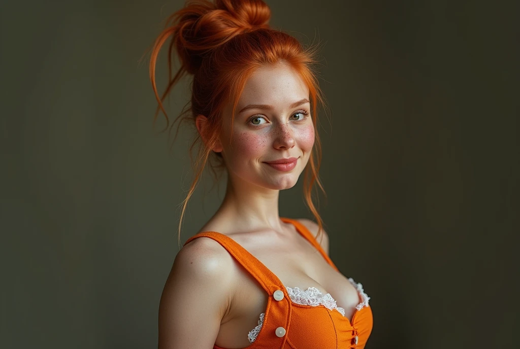 18 teen year-old girl, full body shot slightly looking over shoulder, Swedish ginger redhead, small chest, many freckles, cheap Halloween outfit, messy high bun, gentle Mona Lisa smile, glossy lips, plump round bottom, shapely thighs, ultra realistic.