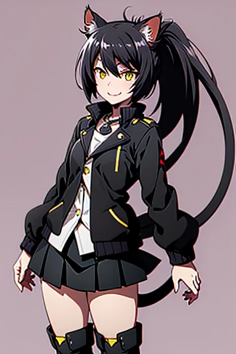 1 woman, cat ears,  short black hair with ponytail, yellow eyes cats , black jacket, " short black skirt ", black cat tail ,blac...