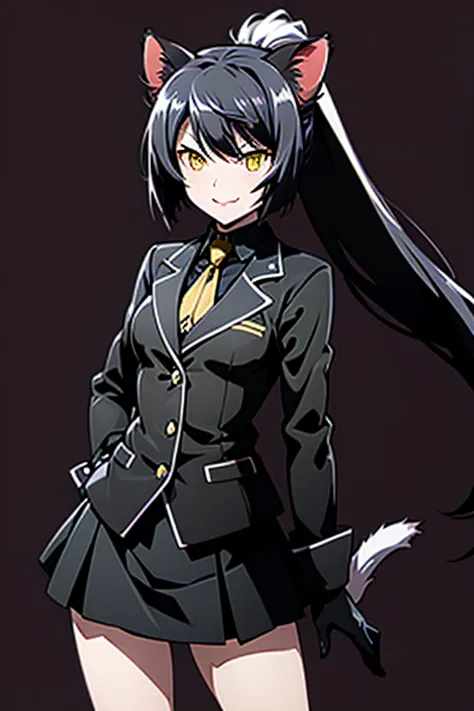 1 woman, cat ears,  short black hair with ponytail, yellow eyes cats , black jacket, " short black skirt ", black cat tail ,blac...