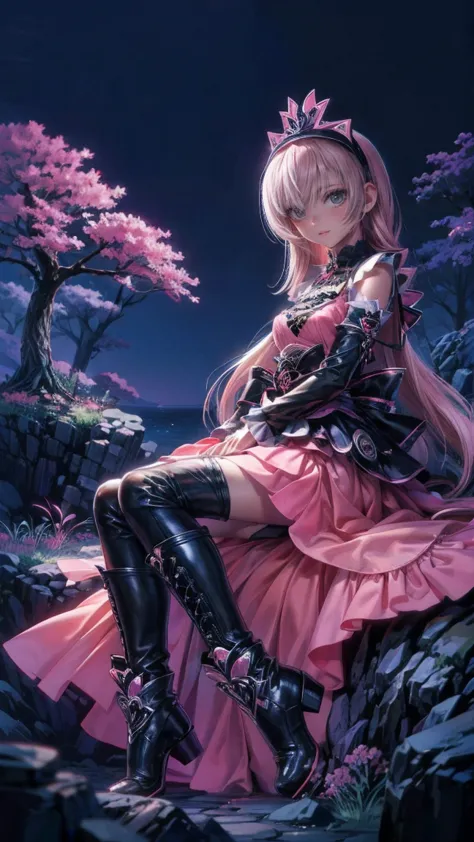 anime style、story、、  beautiful girls、とてもcute天使、  pink gothic dress  、cute、baby face、smile、  long skirt  、    black boots  、very ...