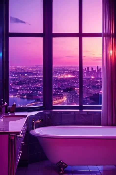 dreamy, luxurious bathroom with satin metallic furniture at twilight with a view overlooking of a city. gradient of purples and ...