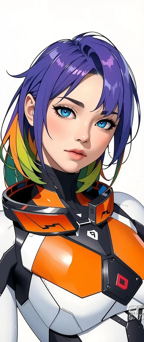 (masterpiece:1.2,Outstanding quality,Mirror finish, A Cinematic Experience ),16k, wallpaper, semi-realistic purple and green and orange hair,( cowboy shot:2.0), flat color ,Beautiful android woman with gray and white background , cyberpunk, Anime Artwork