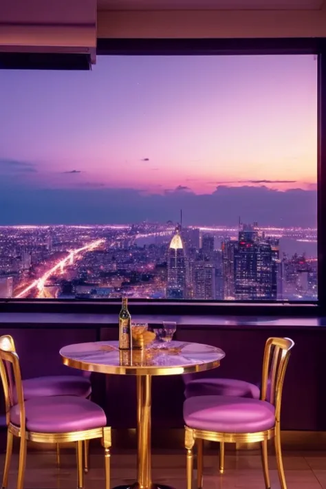 dreamy, luxurious kitchen with satin metallic furniture at twilight with a view overlooking of a city. gradient of purples and p...