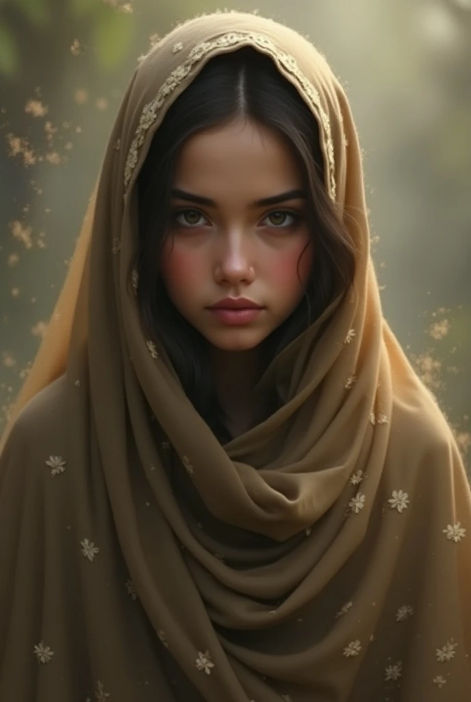 Generate an image in which a girl is wearing an abaya or her face is covered with a hijab or her lips are half covered with her nose or she has narrow eyes or she is very beautiful. Generate such a picture.