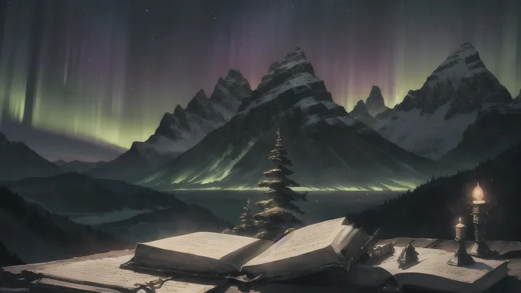 mountain*, (northern lights), (luminous armor), (heavenly lights), (old book), (mystical power), ao redor, (nephilims),  skyrim ...