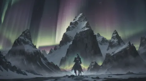 mountain*, (northern lights), (luminous armor), (heavenly lights), (mystical power), ao redor, (nephilims), skyrim , landscape, ...