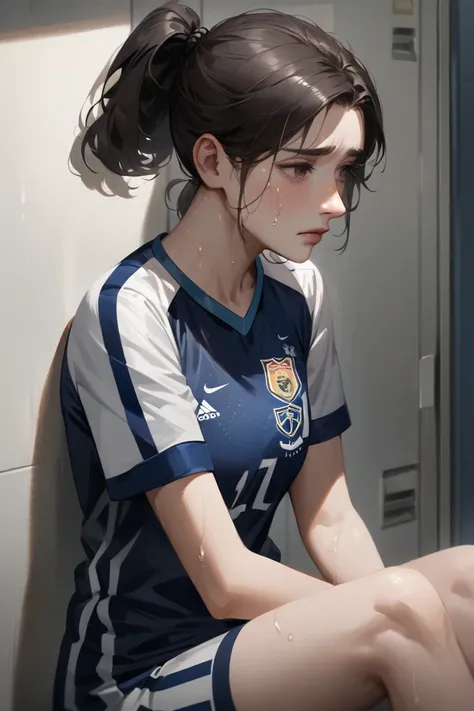 In a semi-realistic anime art style, a sporty young woman with dark hair tied back in a ponytail, wearing a nondescript soccer uniform with no logos, beads of sweat on her body, sitting alone in a locker room, looking sad.