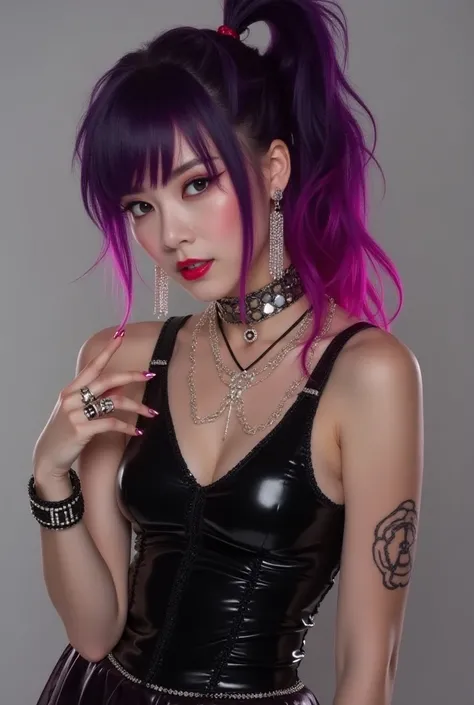 Black Latex Costume Young Japanese Idol Purple Hair Fuchsia Highlights High Definition Ponytail Sparkling Flashy Necklace Earrings Bracelets