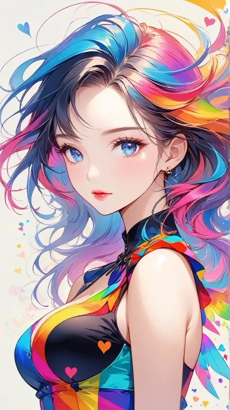 Mysterious angel with a sense of transparency  Black Star colorful style, Simple Line Initialism，Abstract art，Urban Background, (((The most beautiful girl of all time))), Sweet face. Lips in love, colorful hearts, stylish design(blue eyes )(looking at view...