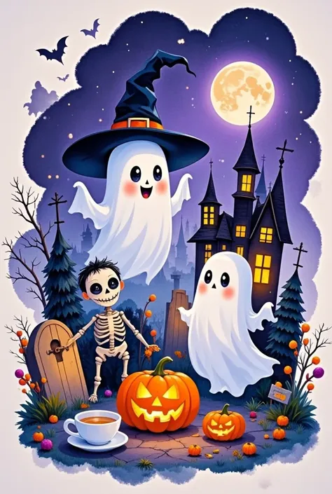 1wsjsm1, western-style ，ink blooming，halloween，super cute，ghost image， ghosts a tea  at a cheerful graveyard， smiling ghost ， de...