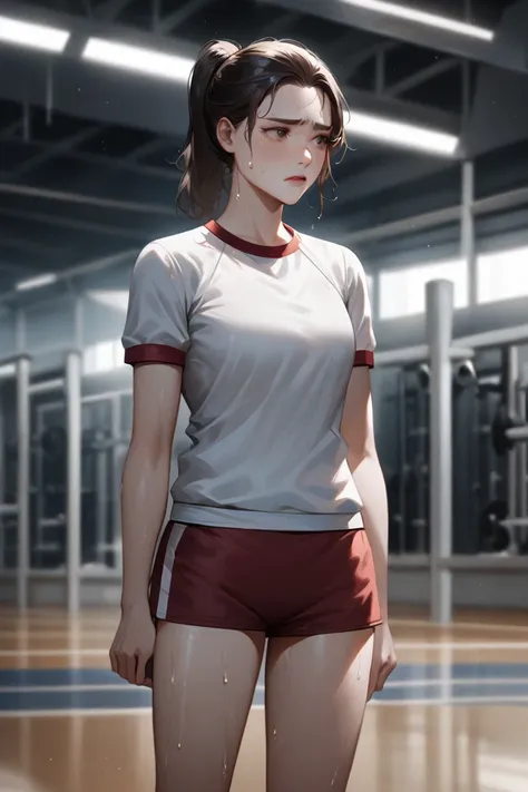 In a semi-realistic anime art style, a sporty young woman with dark hair tied back in a ponytail, wearing a nondescript gym uniform with no logos consisting of small shorts, beads of sweat on her body, standing alone in a gym, looking sad.