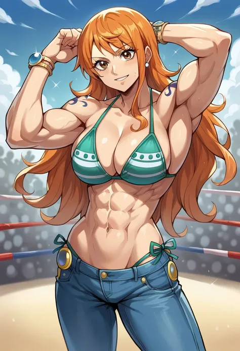 score_8_up, best quality, source_anime, 1girl, Nami, orange hair, standing, from front, bikini, jeans, looking at viewer, navel, sexy, wrestling, biceps