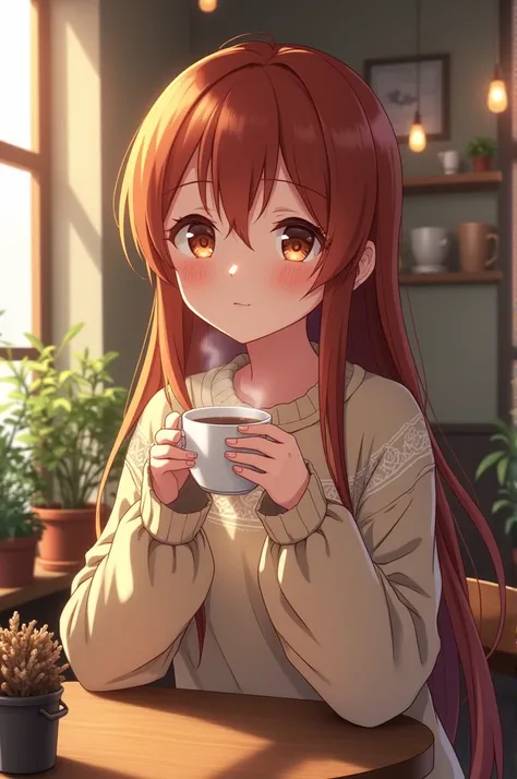 Anime girl drinking coffee