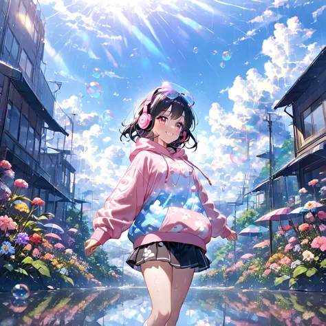 an anime-style girl with black hair that reaches to her chin. she wears an oversized black and pink hoodie with various prints, ...