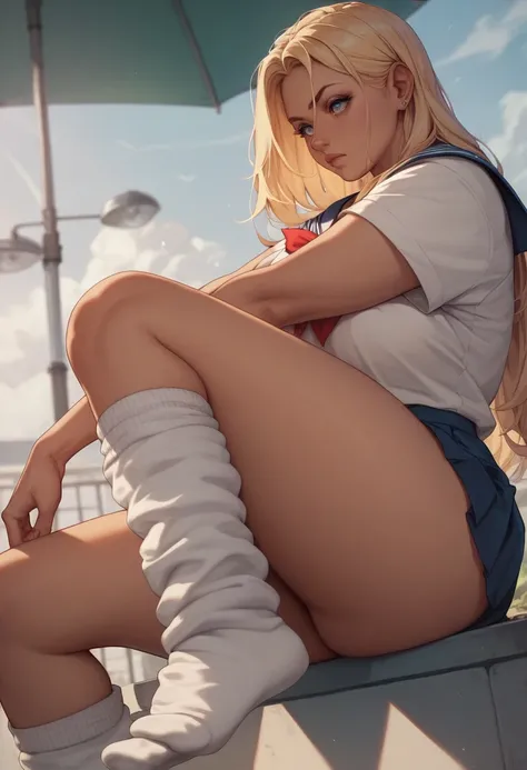 Gal、plump woman（ high school students）、Long blonde hair、parted bangs、Shiny brown skin、 sailor suit、 dirty loose socks staring at、Best Quality,  highest resolution , （illustration style）